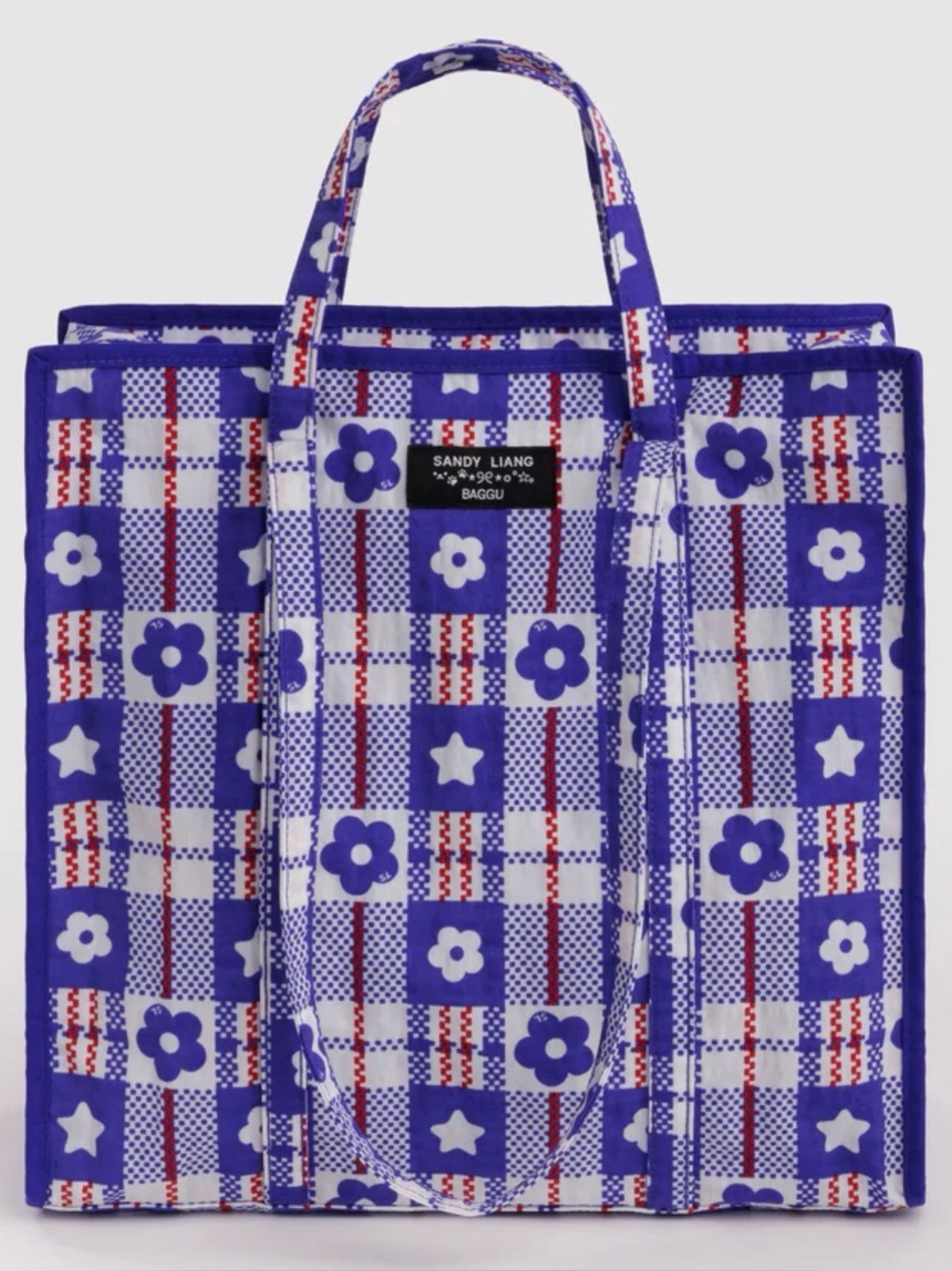 Authentic Sandy Liang x Baggu Large Nylon Market Plaid Blue bag Tote brand new